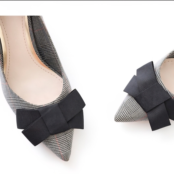 Zara Women’s Black Gray Plaid Bow Mini Heels EU 36 Pumps Office Career Shoes - Picture 4 of 16
